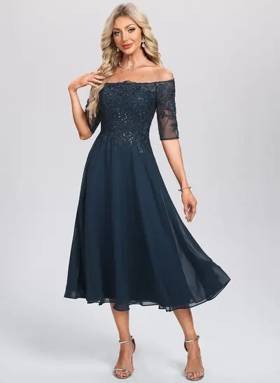 A-line Off the Shoulder Tea-Length Lace Chiffon Cocktail Dress With Sequins 