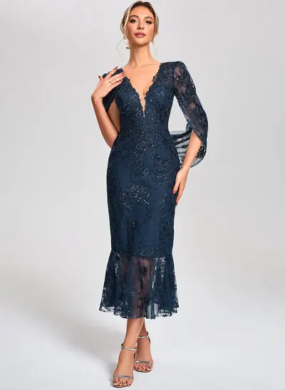 Trumpet/Mermaid V-Neck Tea-Length Tulle Lace Cocktail Dress With Sequins 