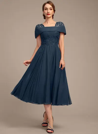 A-линии Площадь Длина ниже колен кружевной Шифон Платье Для Матери Невесты с Плиссированный блестки 