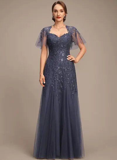 Trumpet/Mermaid Queen Anne Floor-Length Tulle Lace Mother of the Bride Dress With Sequins 