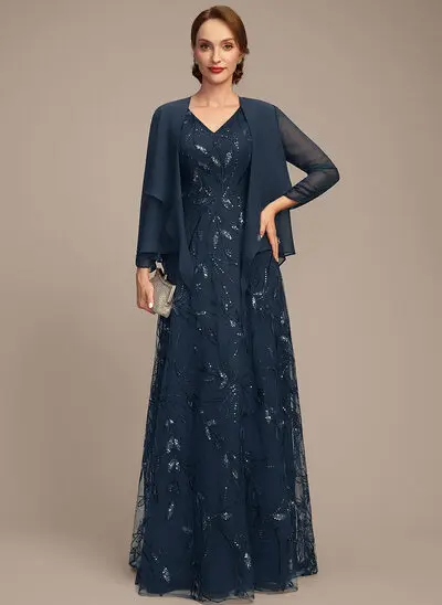 A-line V-Neck Floor-Length Sequin Lace Mother of the Bride Dress 