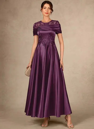 A-lijn-jurk ronde hals illusie enkellengte kant stretch satijn moeder van de bruid jurk met plooirok kralen 