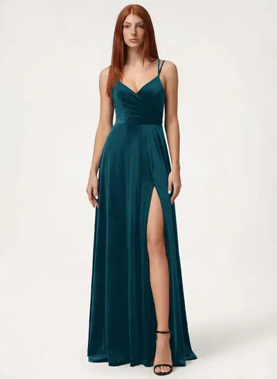 A-line V-Neck Floor-Length Velvet Bridesmaid Dress 