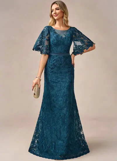 A trapezio girocollo illusione a terra pizzo abito da sera 