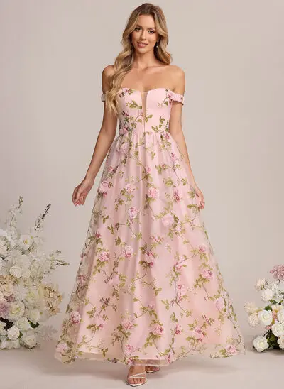 Robe trapèze à épaules dénudées avec fleurs en jacquard