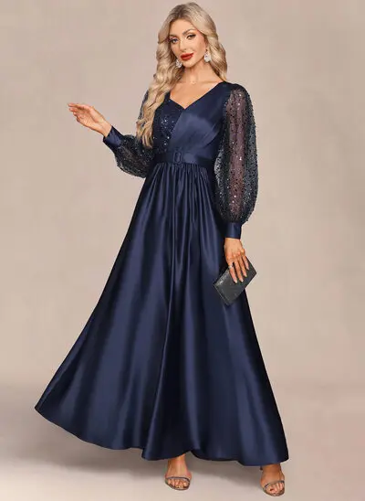 Abiti linea a scollatura a v a terra tulle paillettes raso abito da sera 