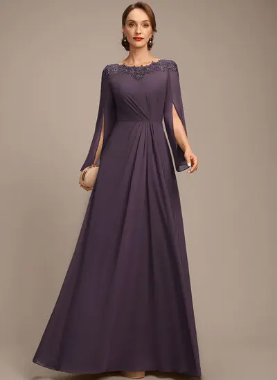 A-line Scoop Floor-Length Chiffon Mother of the Bride Dress With Pleated Sequins Appliques Lace 