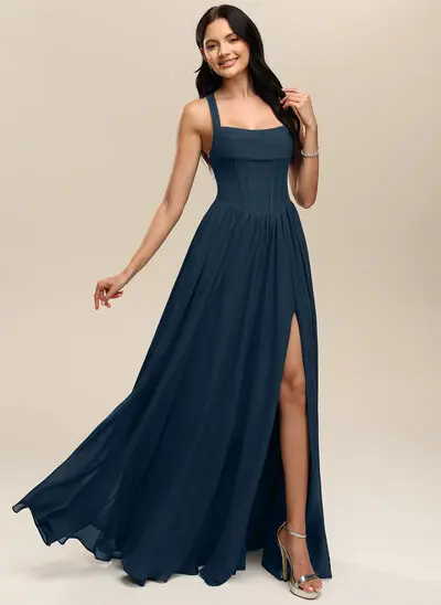 A-line Square Ruched Chiffon Dress