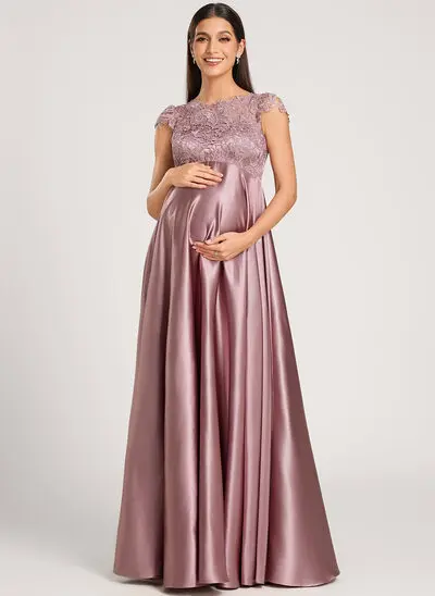 A-Linien-Kleid U-boot Illusion Bodenlang Stretch-Satin Spitze Umstandskleider 