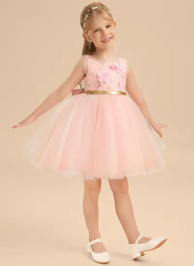 A-linja square polvipituinen pitsi tylli paljetti kukka tyttö mekot jossa keula 3d kukka 