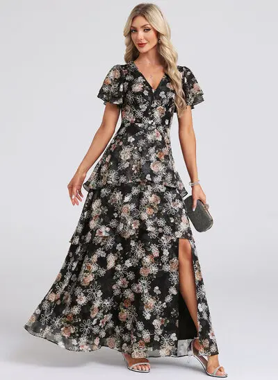 A trapezio scollo a v lungo alla caviglia stampato abito da cocktail con stampa floreale volant a cascata 