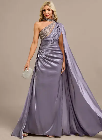 Sheath/Column High Neck Illusion Sweep Train Organza Evening Dress With Pleated Sequins Beading 