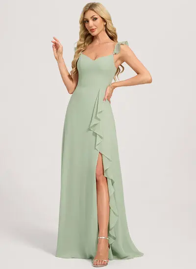 A-line V-Neck Floor-Length Chiffon Bridesmaid Dress With Ruffle 