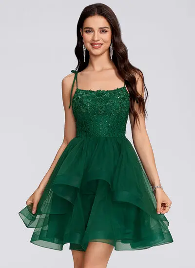 A-line Square Short Lace Tulle Homecoming Dress With Bow 