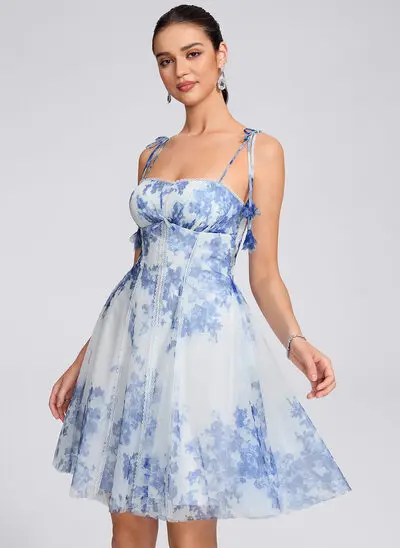 A-line Square Short Tulle Floral Homecoming Dress With Flower Bow 