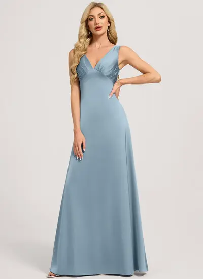A-line V-Neck Floor-Length Matte Satin Bridesmaid Dress With Ruched 
