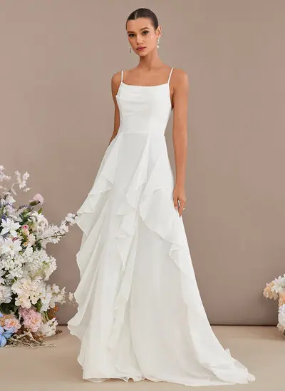 A-line Cowl Sweep Train Chiffon Wedding Dress With Ruffle 