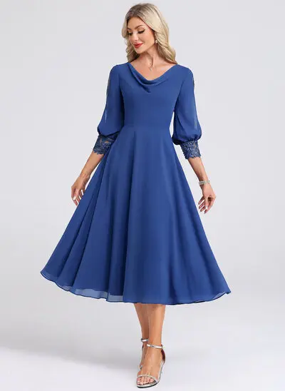 A trapezio scollo a cappuccio midi pizzo chiffon abito da cocktail 