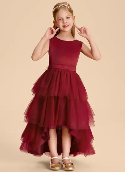 Ball-Gown/Princess Scoop Asymmetrical Satin Tulle Flower Girl Dress 