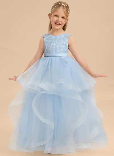 Tanssiaismekot/prinsessa pyöreä kaula-aukko lattiaa hipova pituus tylli pitsi kukka tyttö mekot 