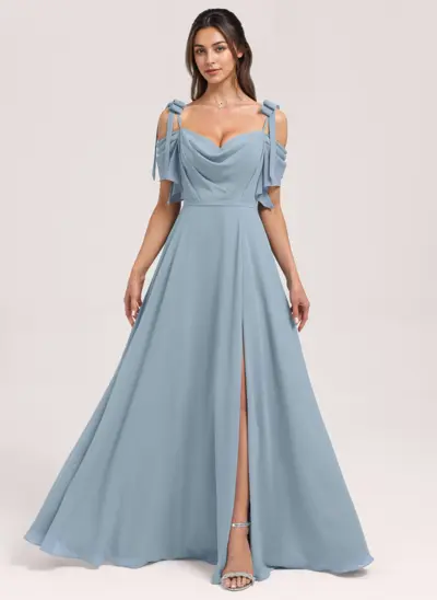 A-line Cold Shoulder Floor-Length Chiffon Bridesmaid Dress With Bow 
