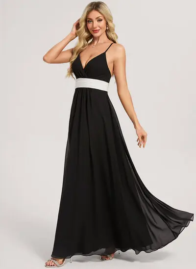 Robe de demoiselle d'honneur trapèze col v longueur ras du sol mousseline avec noir et blanc 