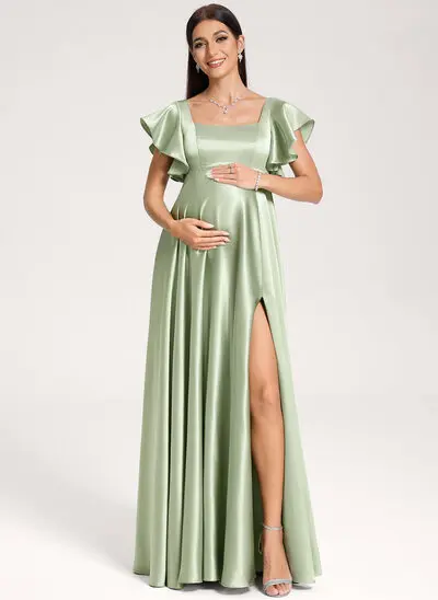 A-Linien-Kleid Karree Bodenlang Stretch-Satin Umstandskleider mit Rüschen 