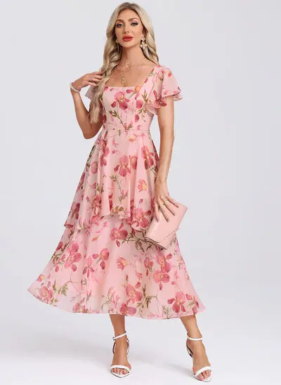 Blomsterprint Chiffon Midi Kjole