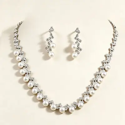 Elegant Pearl Zircon Wedding Earrings Necklace Jewelry Sets (Set of 2) 