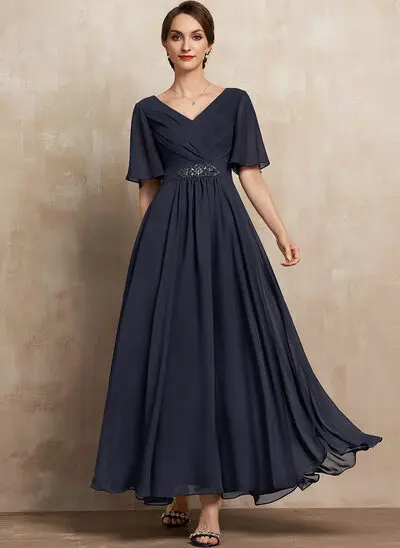A-line V-Neck Sequins Chiffon Dress