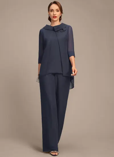 Pantsuits Separates Scoop Floor-Length Chiffon Mother of the Bride Dress With Bow 