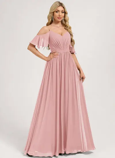 A-линии V шеи Длина до пола Шифон Платье Подружки Невесты с Рябь 