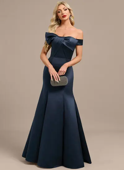 Trumpet/Mermaid Off the Shoulder Floor-Length Satin Evening Dress With Bow Pleated 