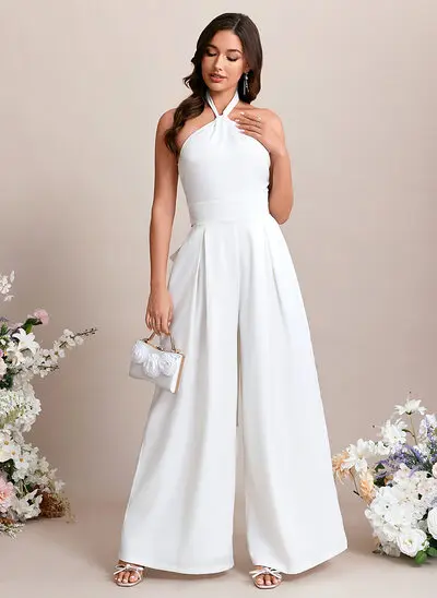 Jumpsuits Halter Floor-Length Satin Wedding Dress With Bow 