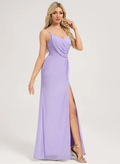 Robe de demoiselle d'honneur sirène col v longueur ras du sol mousseline avec volants 