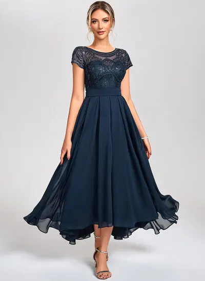 A-line Scoop Illusion Ankle-Length Asymmetrical Lace Chiffon Cocktail Dress With Sequins 