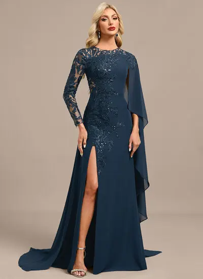 Sheath/Column Scoop Illusion Sweep Train Lace Chiffon Evening Dress With Sequins 