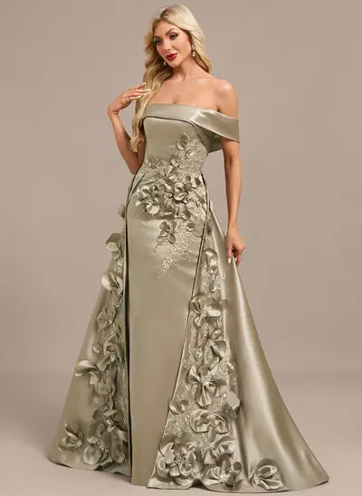 Sheath/Column Off the Shoulder Floor-Length Detachable Satin Evening Dress With Beading 3D Floral Sequins Appliques Lace 