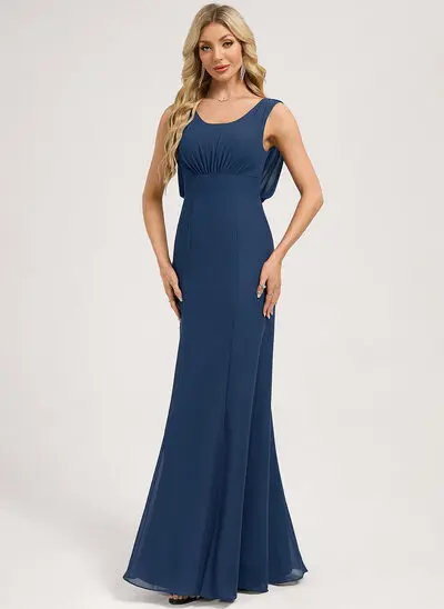 Robe de demoiselle d'honneur sirène col rond longueur ras du sol longueur genou mousseline avec volants 