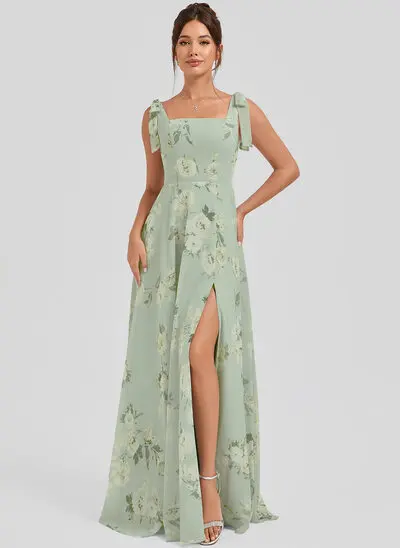 Robe de demoiselle d'honneur trapèze col carré longueur ras du sol mousseline avec nœud 