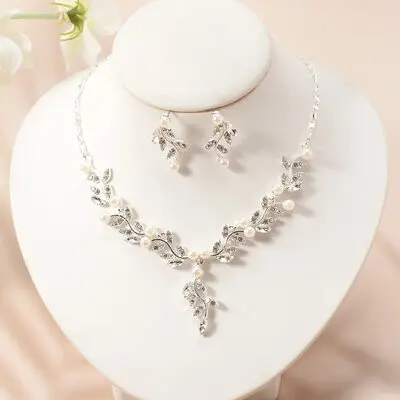 Elegant Pearl Rhinestone Formal Earrings Necklace Jewelry Sets (Set of 2) 
