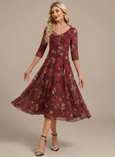 A-line V-Neck Pleated Chiffon Dress