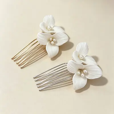 Tocado de boda perla flores juego de peines para el cabello (juego de 2)
