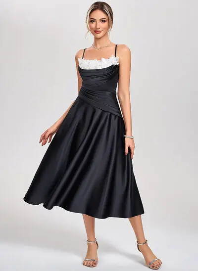 A-line Square Tea-Length Satin Cocktail Dress With Pleated 3D Floral 