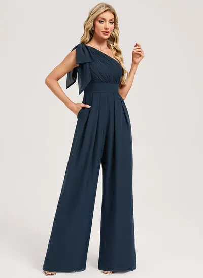 Jumpsuits One Shoulder Floor-Length Chiffon Bridesmaid Dress With Bow 