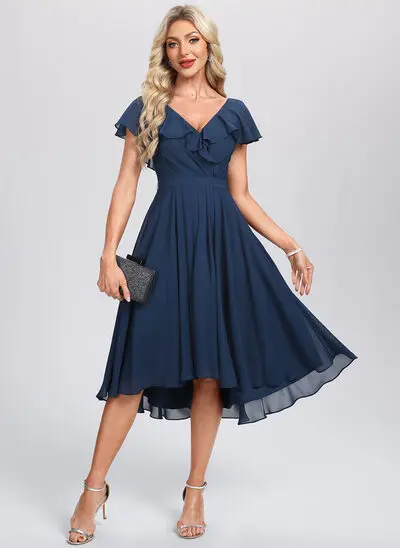 A-line V-Neck Tea-Length Asymmetrical Chiffon Cocktail Dress With Ruffle 