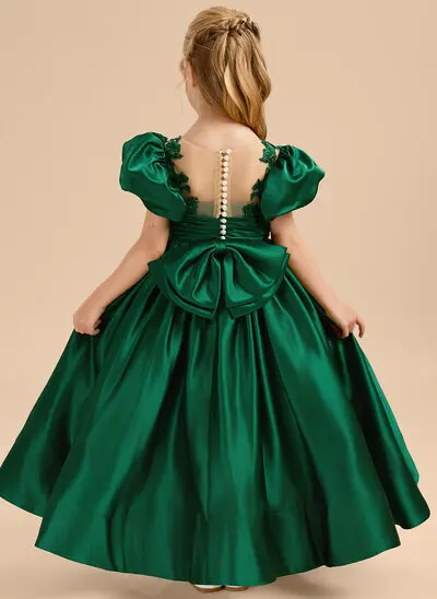 Tanssiaismekot/prinsessa pyöreä kaula-aukko lattiaa hipova pituus satiini pitsi kukka tyttö mekot jossa keula 