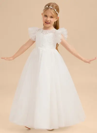 A-linja pyöreä kaula-aukko lattiaa hipova pituus tylli pitsi kukka tyttö mekot 