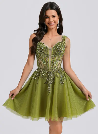 A-line Sweetheart Short Tulle Homecoming Dress With Beading Sequins 