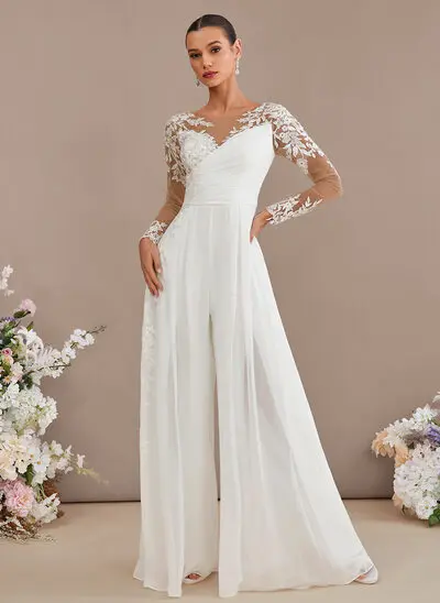 Jumpsuits Boat Neck Illusion Floor-Length Lace Chiffon Wedding Dress With Sequins 